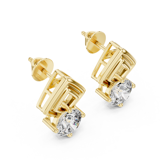 Chevron Round Lab Diamond Stud Earrings with Modern Geometric Open Frame Design - View 2