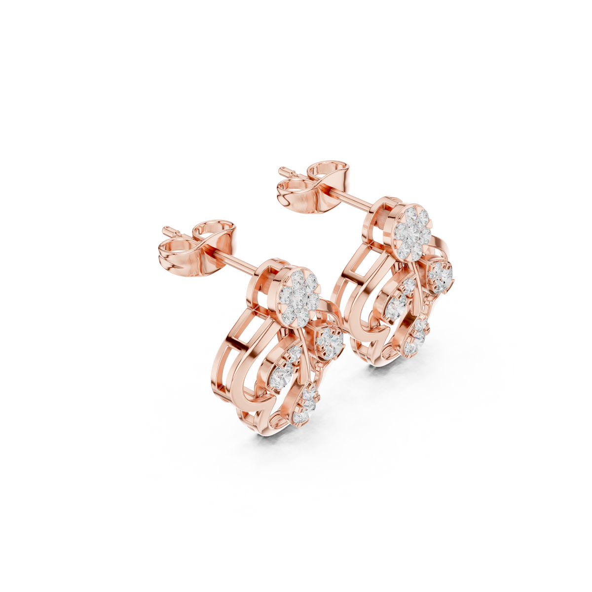Openwork Lotus Motif Round Brilliant Lab Diamond Stud Earrings For Women - View 5