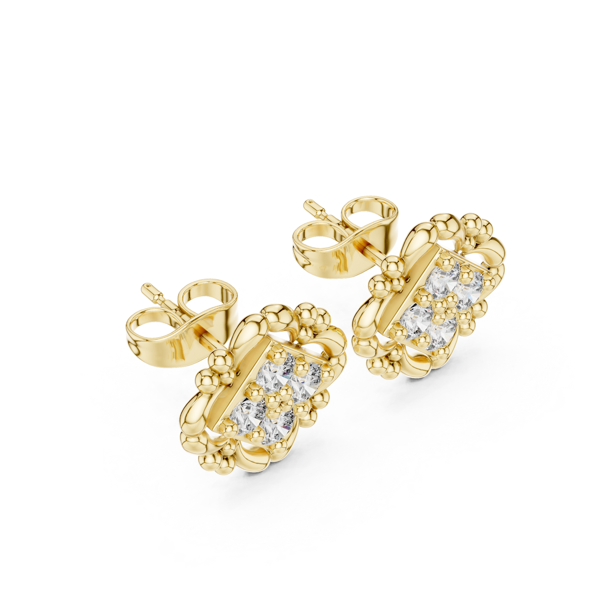 Sculpted Ornate Round Moissanite Diamond Stud Earrings with Floral Beaded Frame - View 4