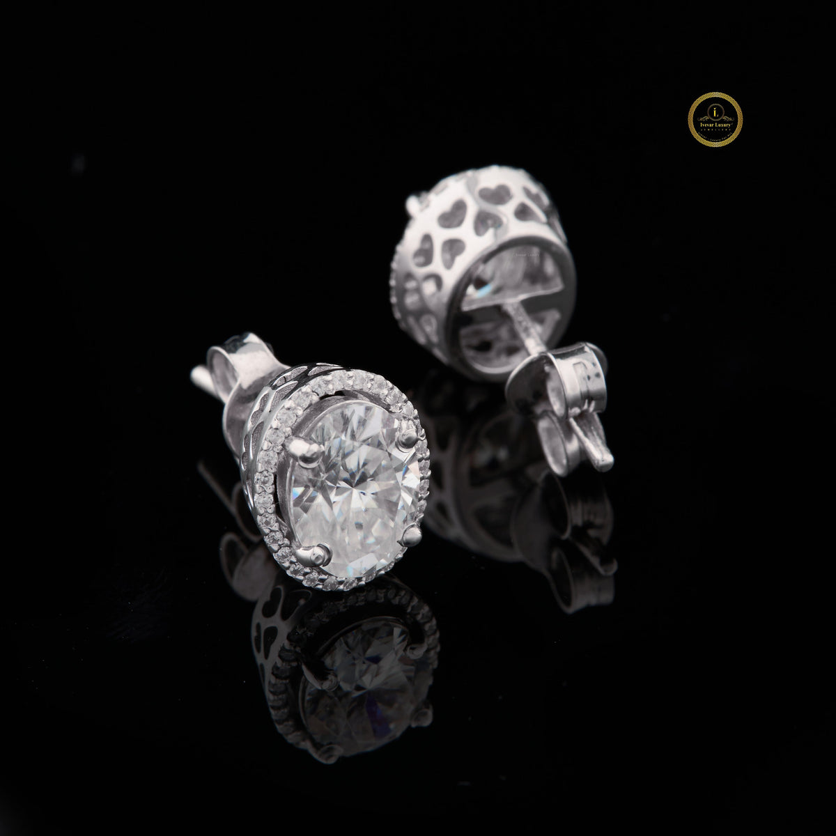 Oval Cut Halo Stud Moissanite Diamonds Earring Set with Micro Pave Accent - View 3