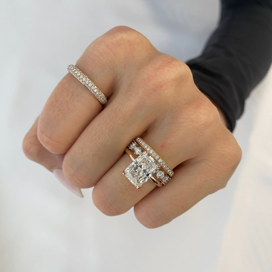 Lab Diamond Radiant Cut Bridal Ring Set With Double Pave Bands - View 2