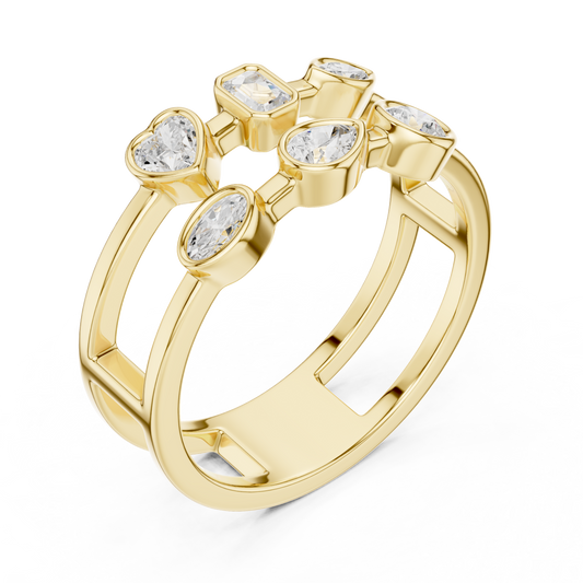 Mixed Shape Bezel Set Moissanite Diamond Open Double Row Minimal Ring - View 2