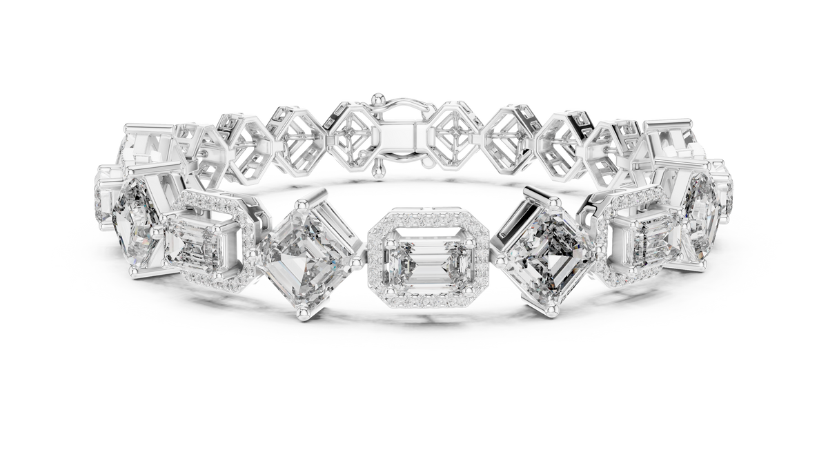 Emerald And Asscher Cut Halo Lab Diamond Tennis Bracelet - View 3
