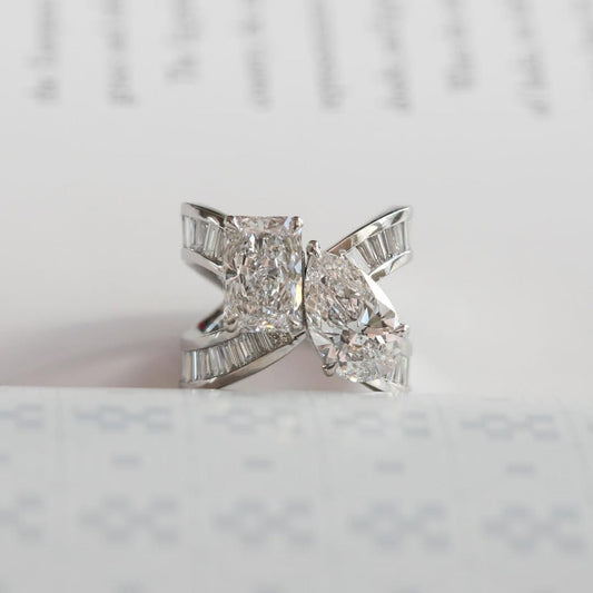 Radiant and Pear Moissanite Diamond Toi et Moi Baguette Bypass Ring - View 2