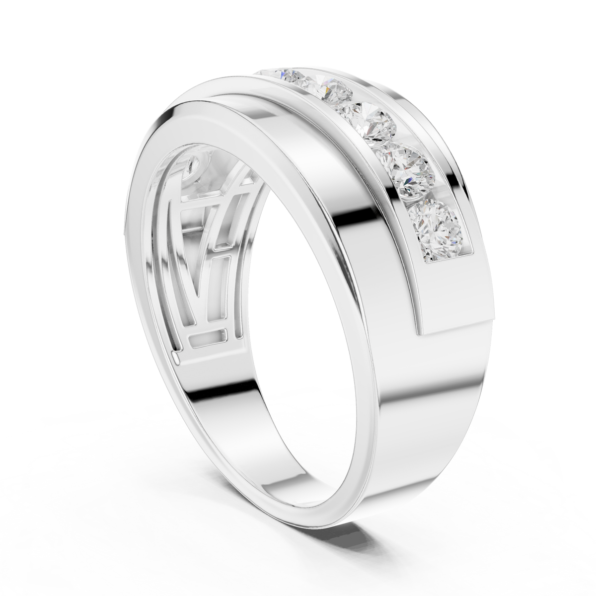 Round Cut Moissanite Diamond Men's Curved Swirl Channel Set Gold Band - View 12