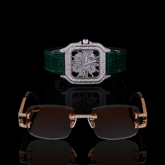 Collection Moissanite Diamond Luxury Open Work Timepiece And Signature Designer Eyewear Set
