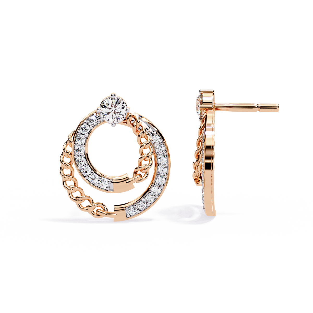 Double Circle Moissanite Diamond Round Stud Earrings with Pavé Chain Detail - View 6