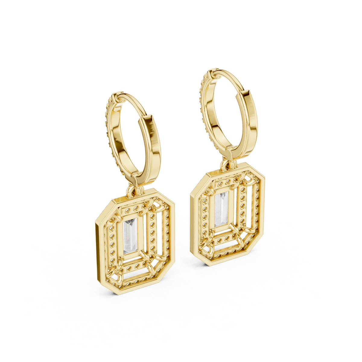 Art Deco Octagonal Double Halo Emerald Cut Lab Grown Diamond Huggie Drop Earrings - View 10