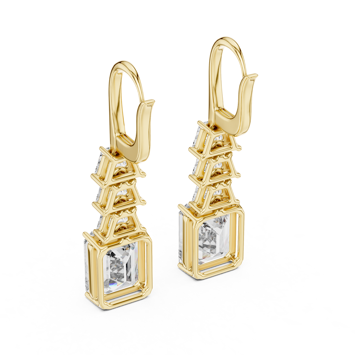Tiered Step Emerald Cut Lab Diamond Drop Earrings Graduated Pyramid Design - View 5