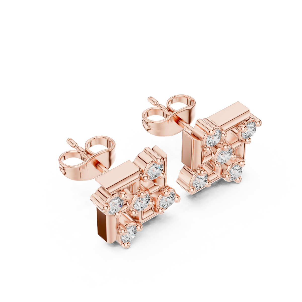Iconic Grid Aura Round Moissanite Diamond Set Stud Earrings with Contemporary Architectural Motif - View 5