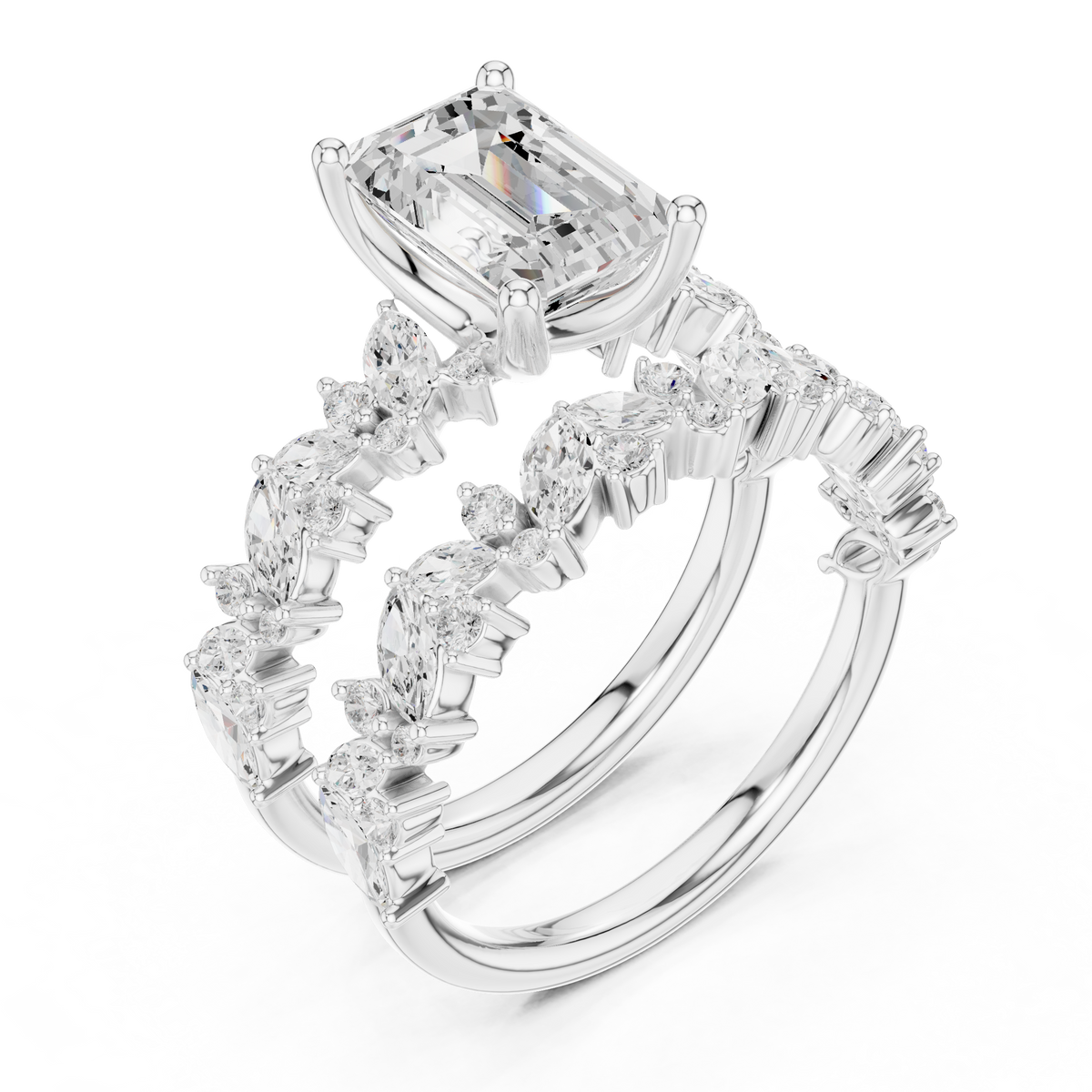 Emerald Cut Lab Grown Diamond Women's Marquise Cluster Bridal Ring Set - View 6
