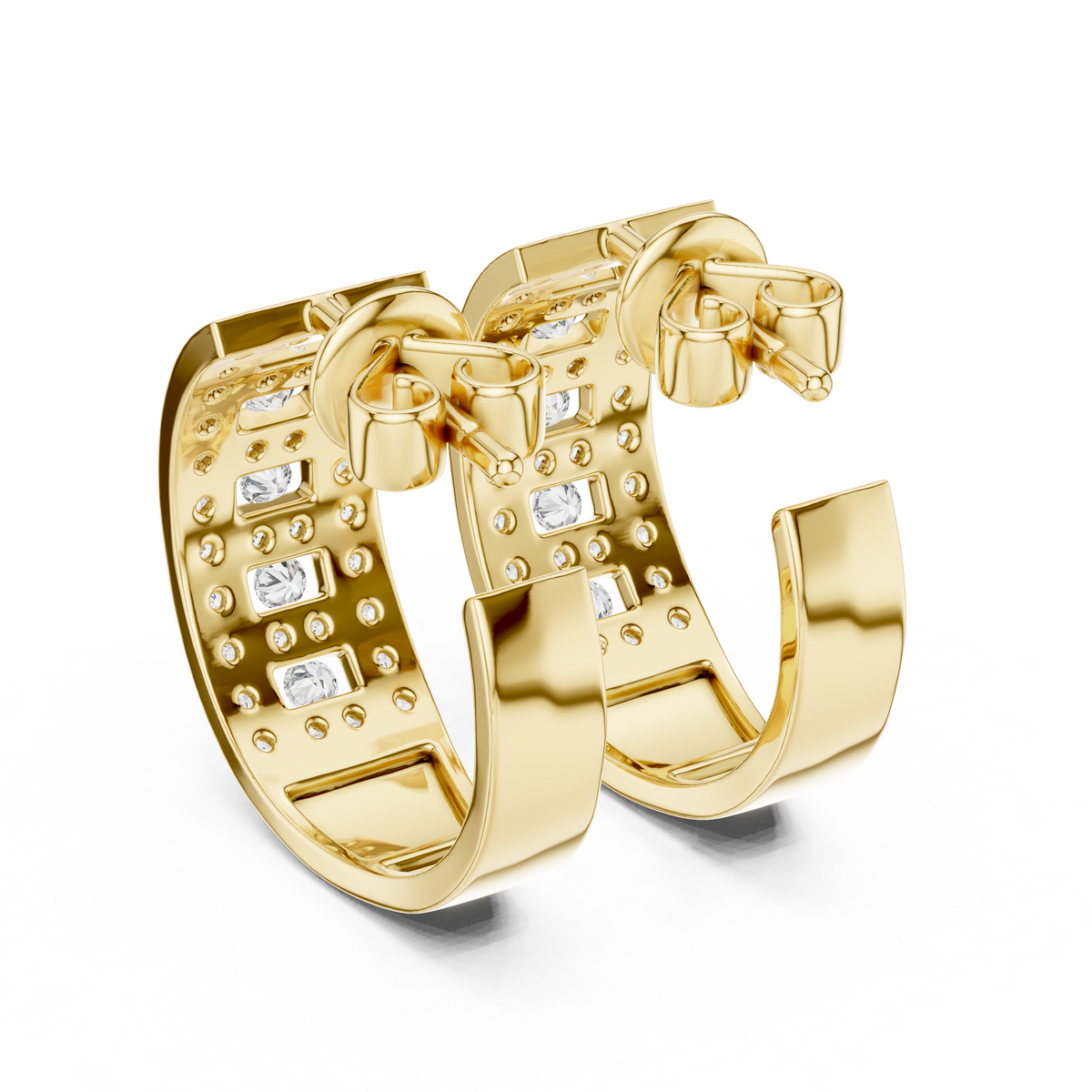 Round Lab Diamond Geometric Grid C Hoop Earrings with Micro Pavé Rows - View 10