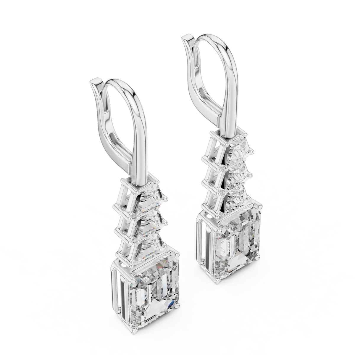 Tiered Step Emerald Cut Moissanite Diamond Drop Earrings Graduated Pyramid Design - View 4