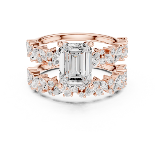 Emerald Cut Moissanite Diamond Women's Marquise Cluster Bridal Ring Set - View 2