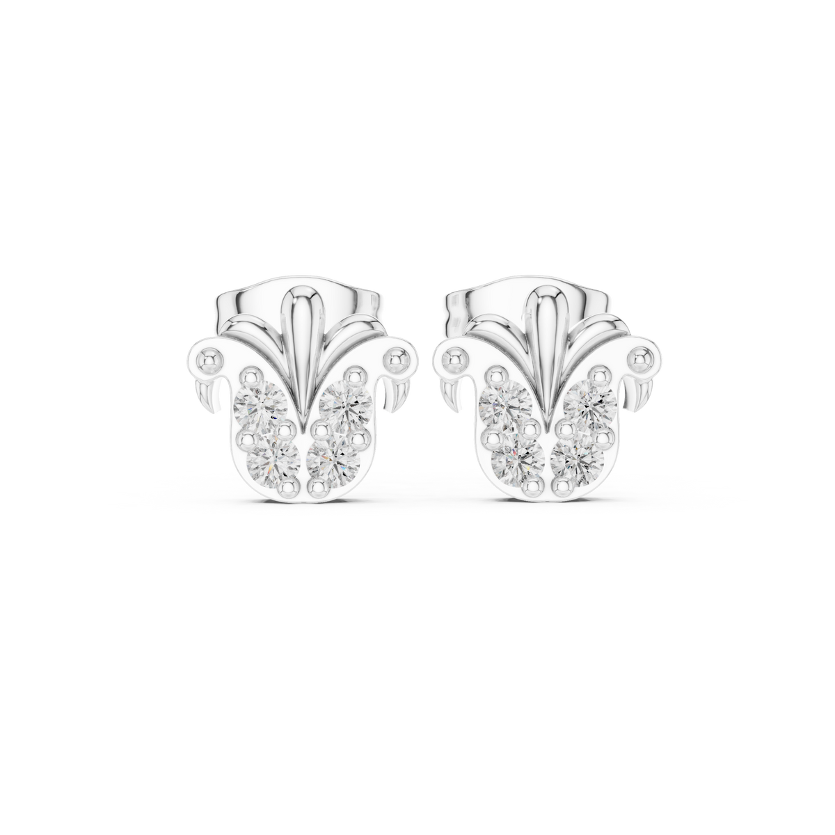Regal Quartet Round Lab Diamond Stud Earrings with Sculpted Crest Design - View 3