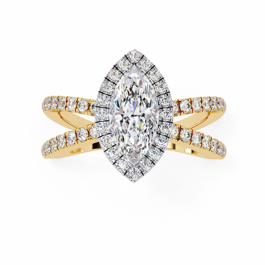 Marquise Halo Moissanite Diamond Ring with Split Double Band - View 2