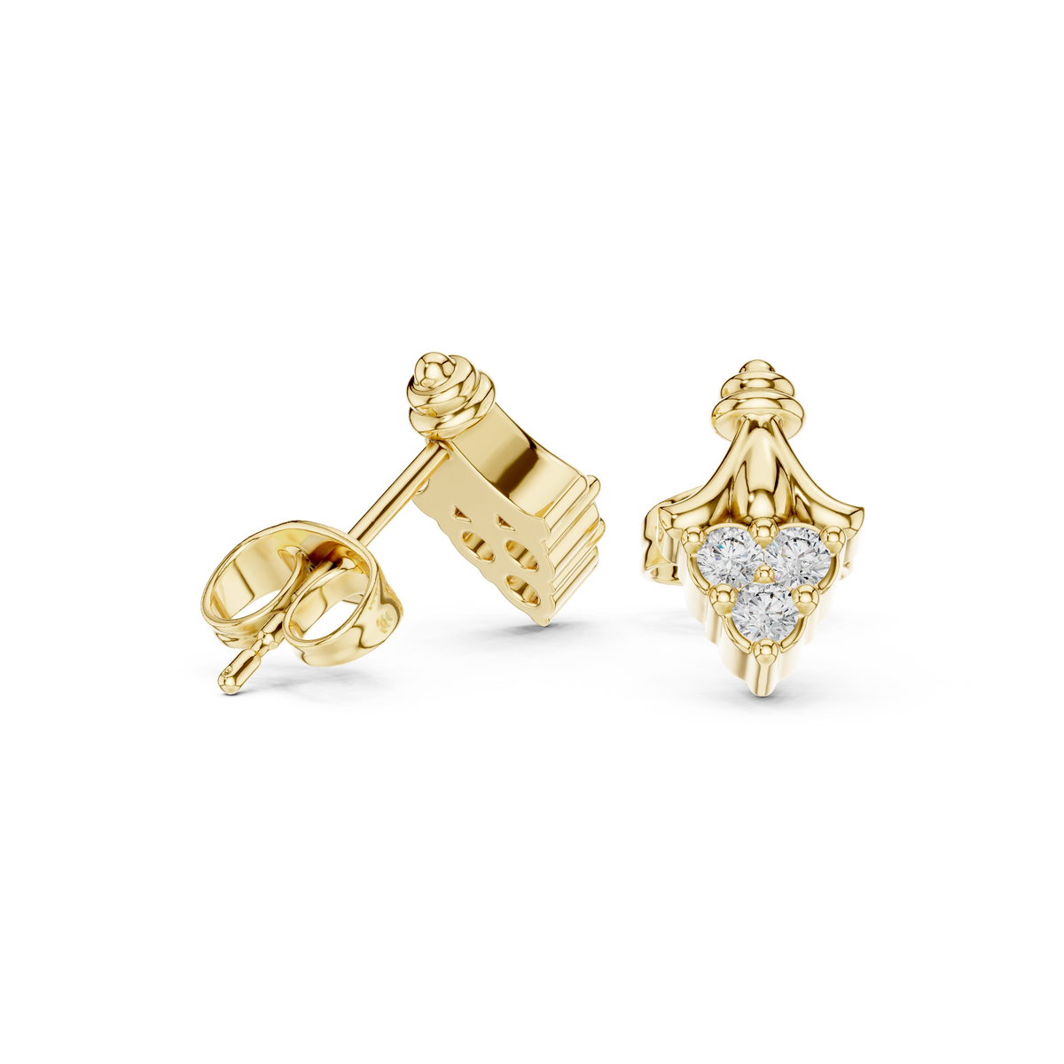 Vintage Scroll Triple Round Moissanite Diamond Cluster Ornate Crown Motif Stud Earrings - View 7