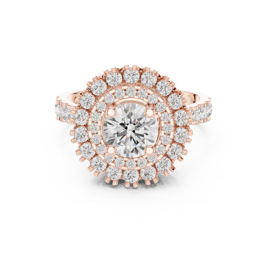 Round Lab Diamond Double Halo Starburst Engagement Ring - View 2
