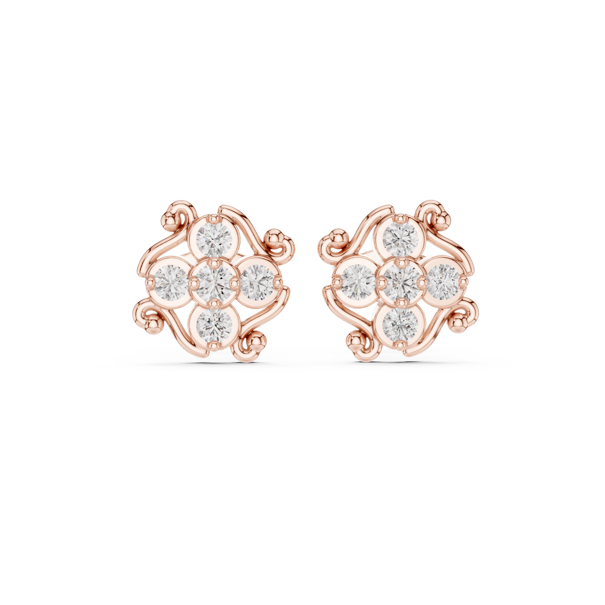 Ornamental Floral Cluster Moissanite Diamond Stud Earrings With Spiral Ribbon Whirl - View 2