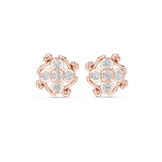 Ornamental Floral Cluster Moissanite Diamond Stud Earrings With Spiral Ribbon Whirl - View 2