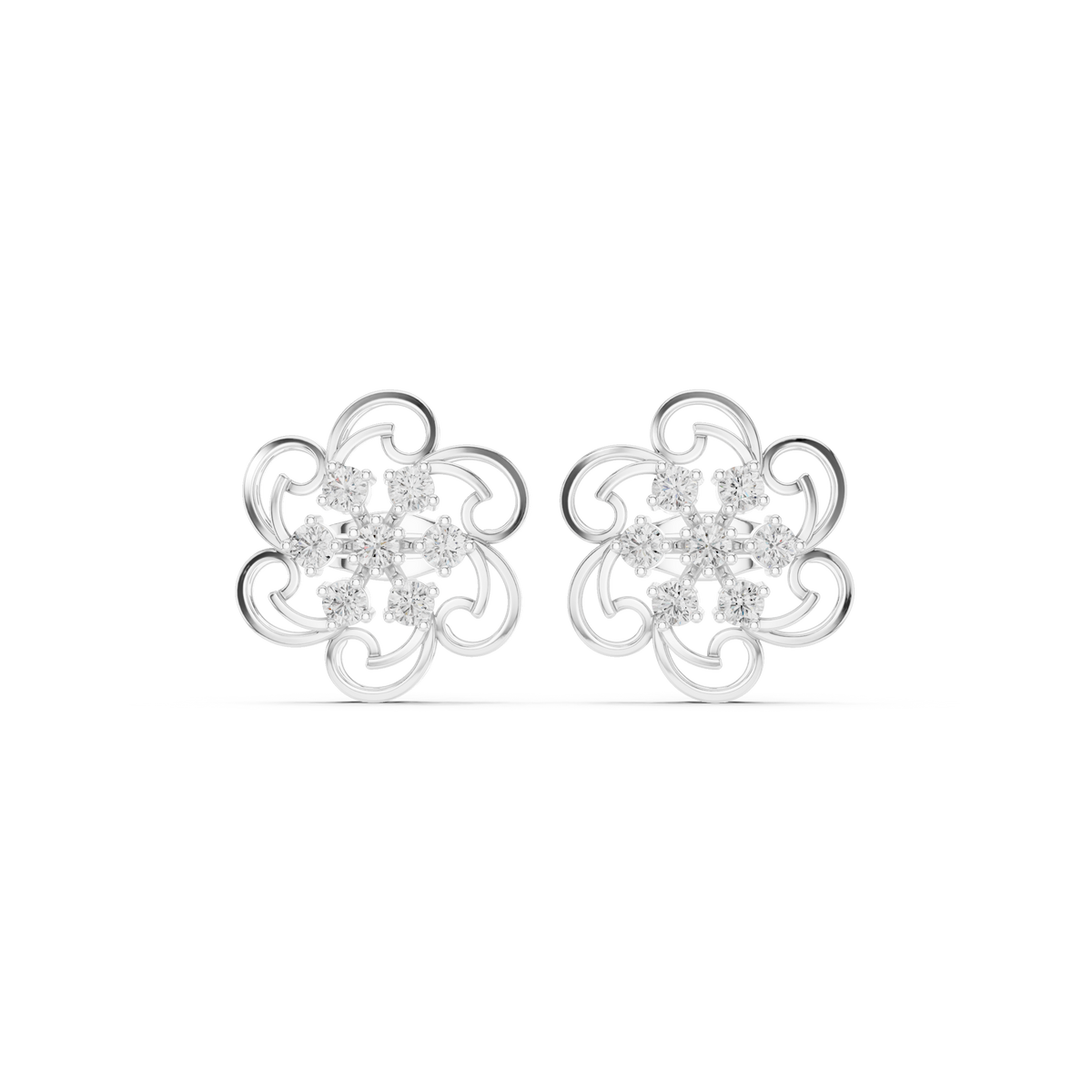 Floral Filigree Swirl Round Brilliant Cut Lab Diamond Stud Earrings Openwork Cluster - View 3
