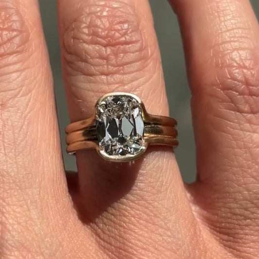 Old Mine Cushion Cut Lab Diamond Bezel Engagement Ring With Triple Band - View 2