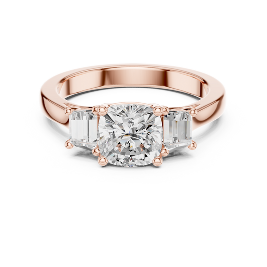Cushion Three Stone Moissanite Diamond Ring With Tapered Side Stone - View 2