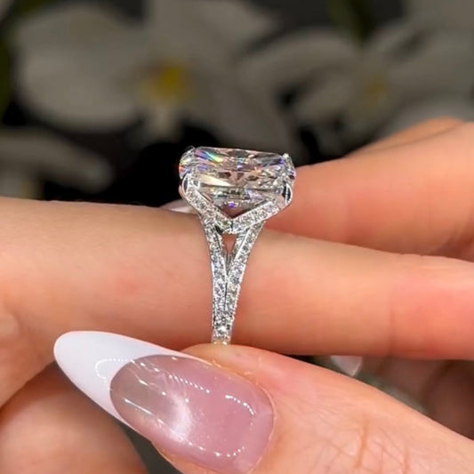 Cushion Cut Moissanite Diamond Hidden Halo Pave Engagement Ring with Split Shank - View 2