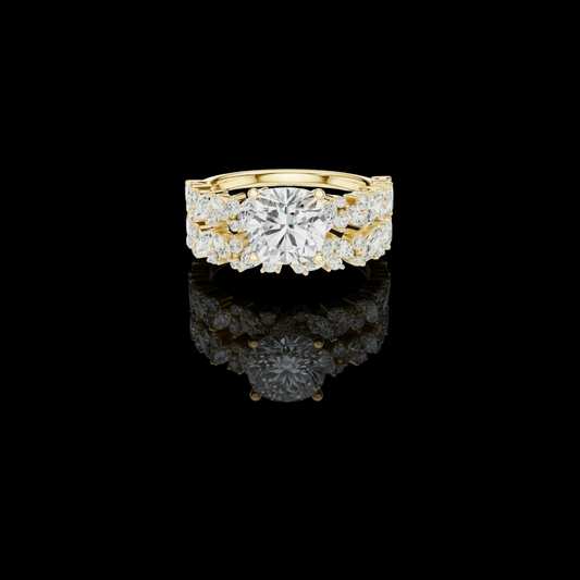Floral Halo Cushion Cut Moissanite Diamond Ring With Wedding Eternity Band
