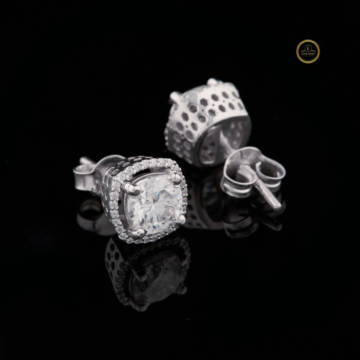 Classic & Timeless Luxury Cushion Cut Halo Diamond Stud Moissanite Earrings in White Gold - View 3