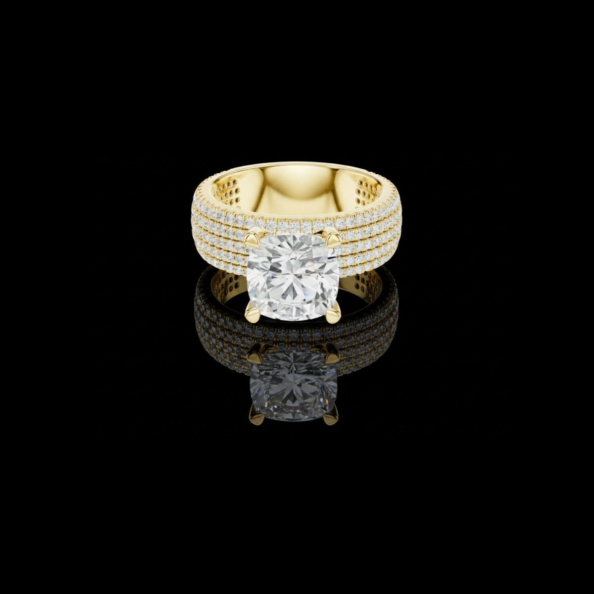 Four Row Cushion Lab Diamond Engagement Ring Pave Wedding Band