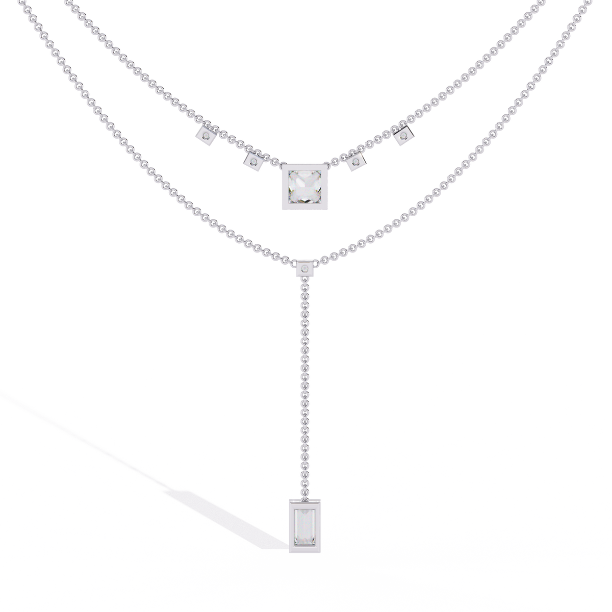 Two Layered Princess and Baguette Moissanite Diamond Lariat Necklace - View 9