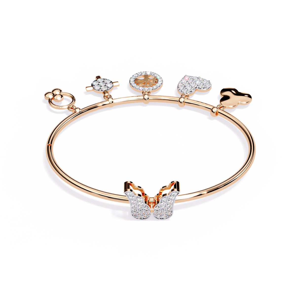 Round Moissanite Diamond Charm Bangle Bracelet Heart & Symbol Charms - View 3