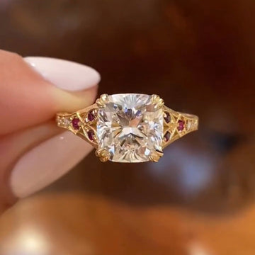 Vintage Cushion Cut Moissanite Diamond Engagement Ring With Ruby Filigree Accents