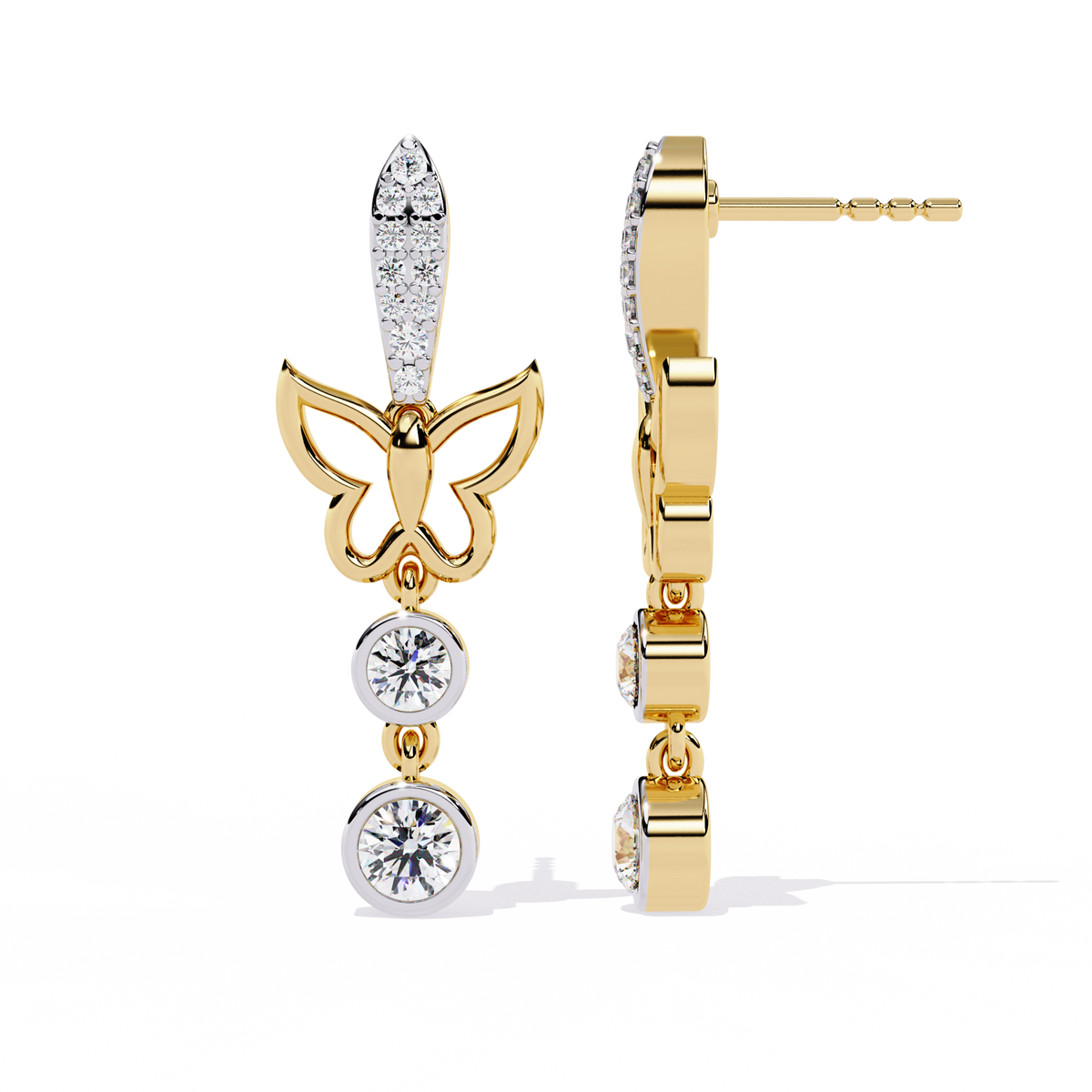 Elegant Butterfly Moissanite Diamond Drop Earrings with Pave Accents and Bezel Set Round Diamonds - View 4