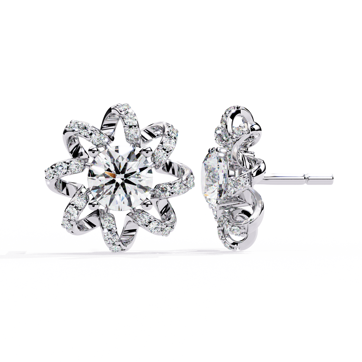 Elegant Floral Halo Stud Moissanite Earrings Featuring Round Cut Center Stones and Pave Crystal Petals - View 6