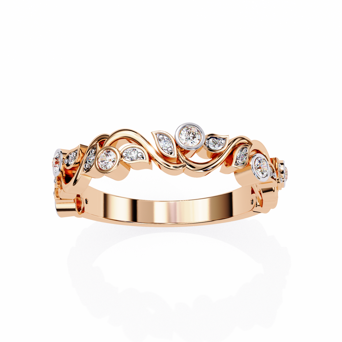 Round Moissanite Diamond Bezel Set Diamond Vine Design Band - View 9