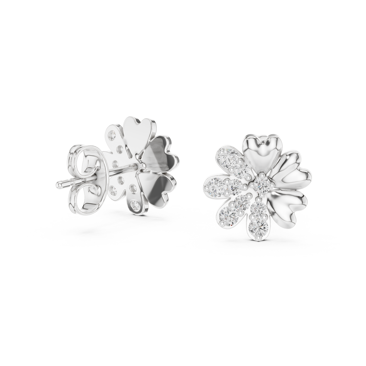 Floral Blossom Round Moissanite Diamond Mixed Petal Stud Earrings - View 9