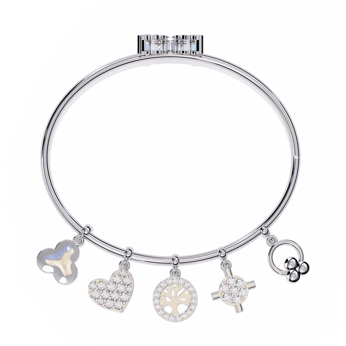 Round Lab Diamond Charm Bangle Bracelet Heart & Symbol Charms - View 7