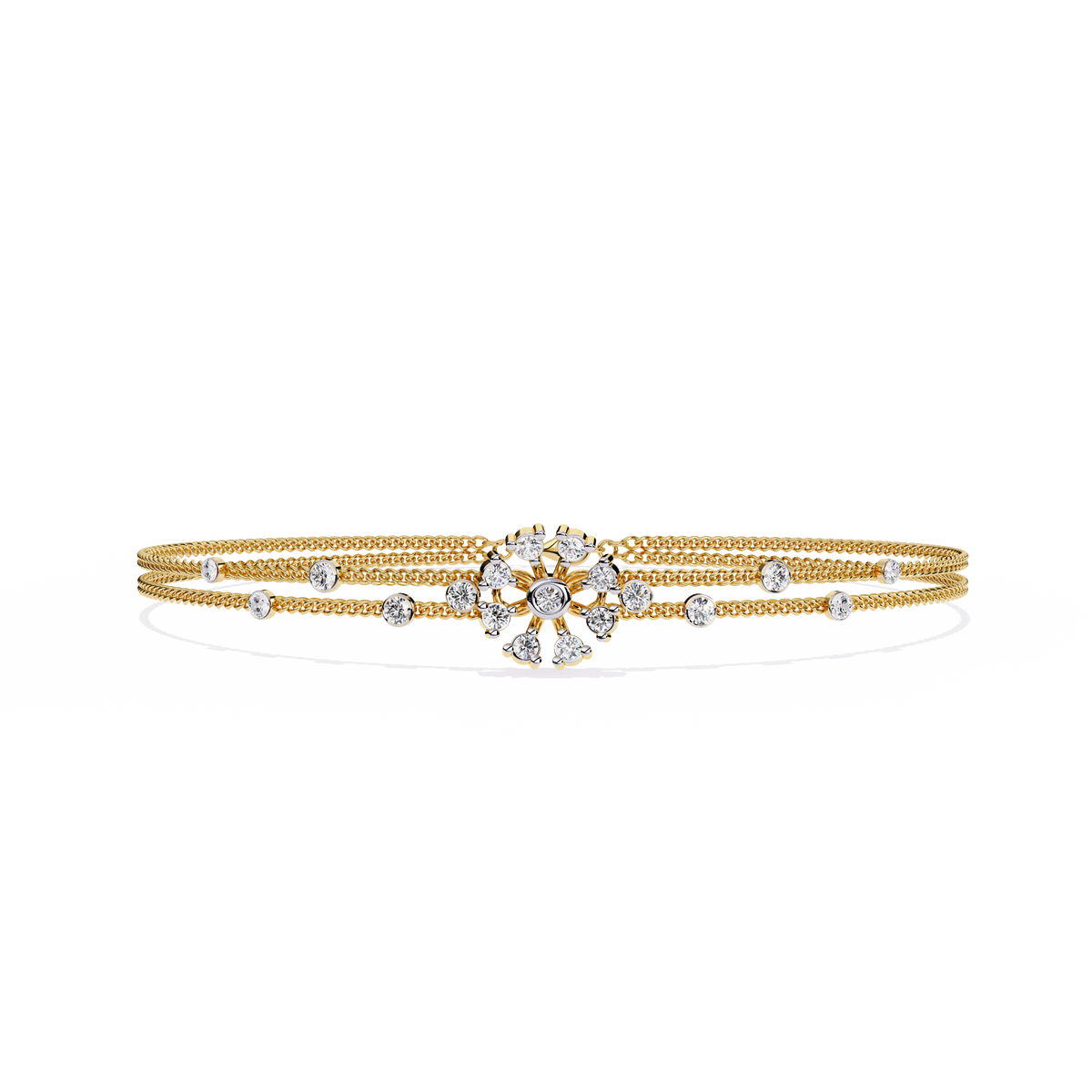 Round Moissanite Diamond Double Strand Bangle Bracelet with Floral Center - View 5