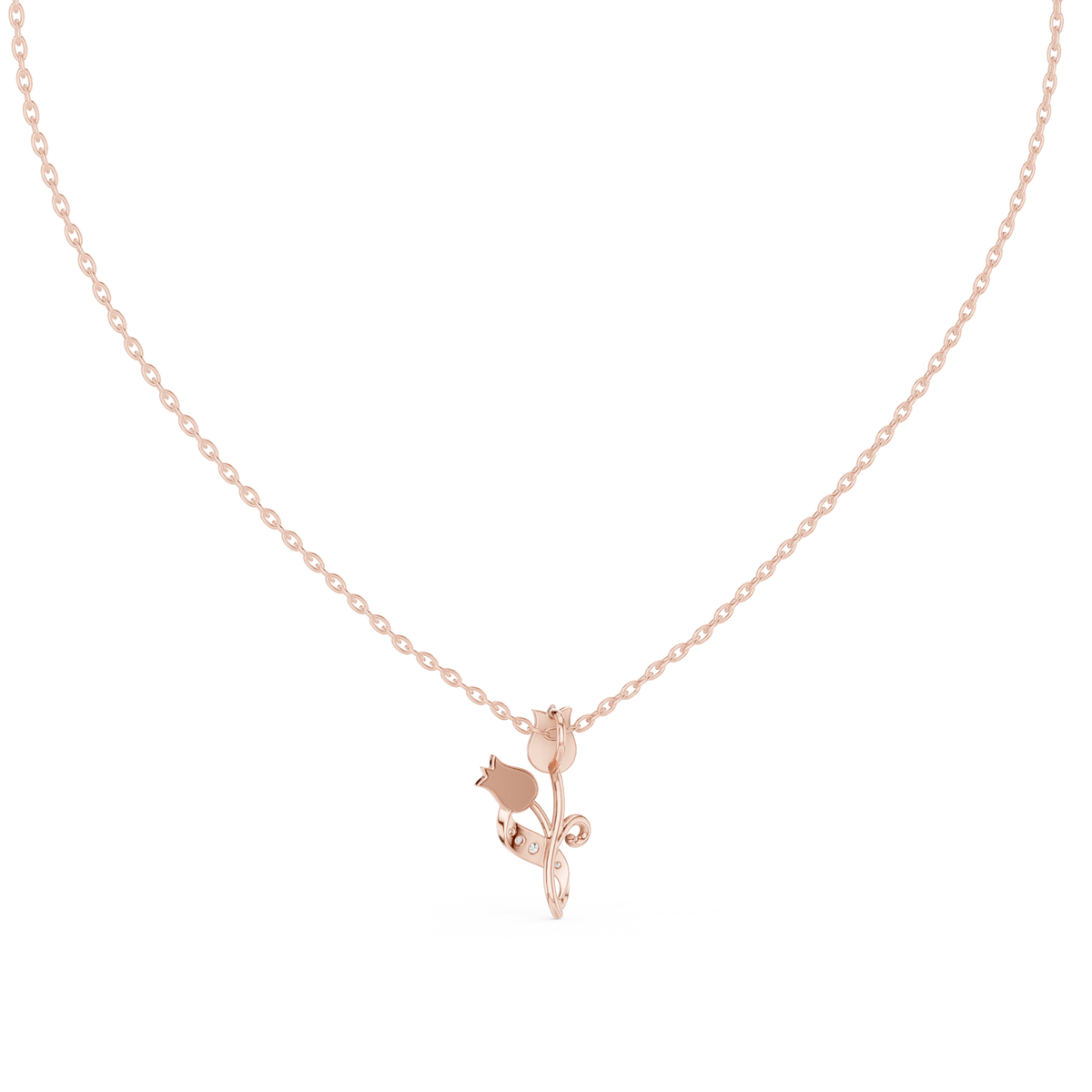 Dainty Twin Tulip Flower Round Lab Grown Diamond Accent Pendant - View 8