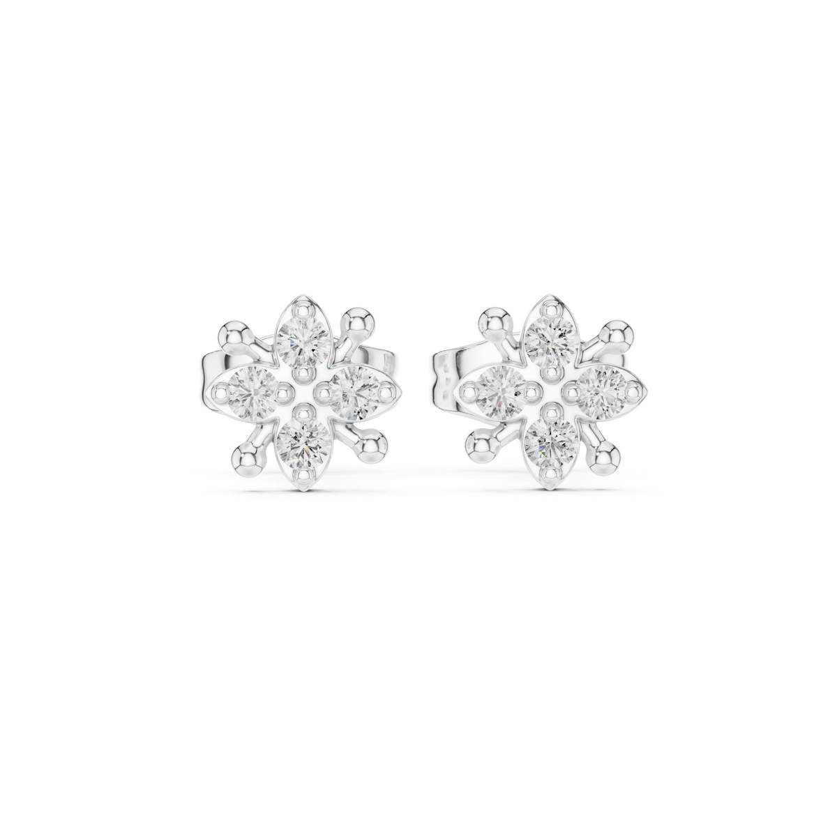 Floral Star Round Moissanite Diamond Stud Earring with Sculpted Petal Accents - View 3