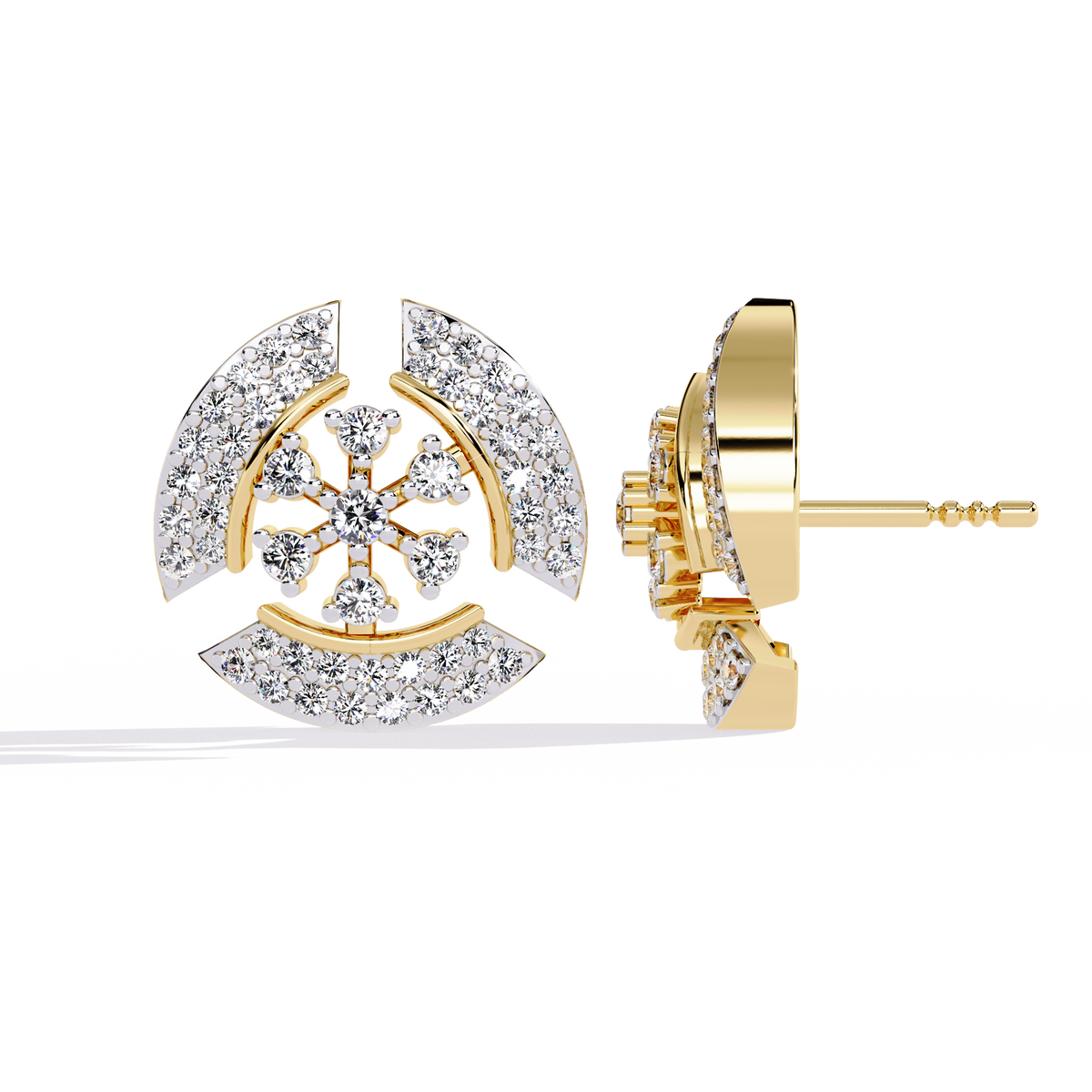 Crescent Round Moissanite Diamond Studs Accented With Multi Petal Floral Diamond Design - View 4