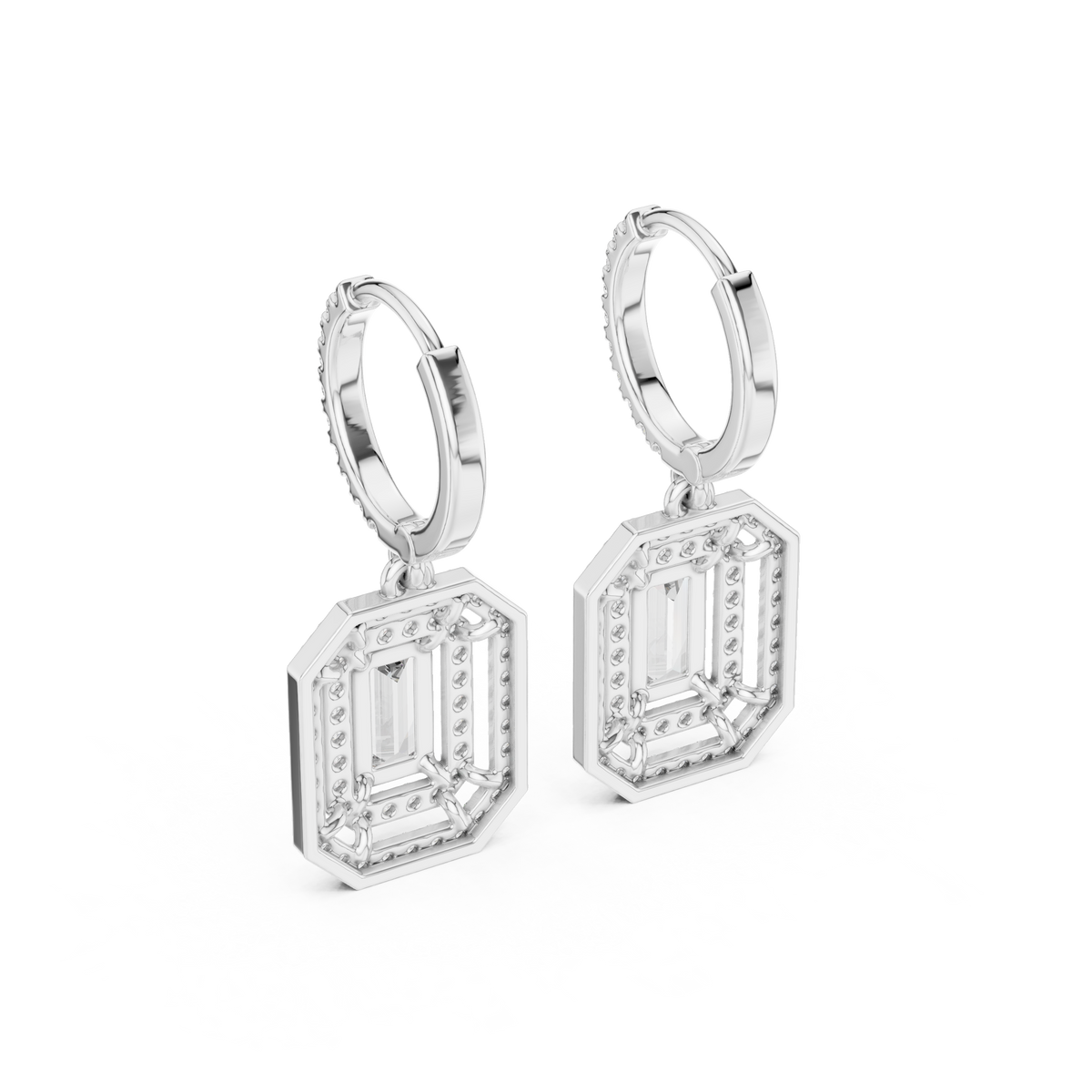 Art Deco Octagonal Double Halo Emerald Cut Moissanite Diamond Huggie Drop Earrings - View 12