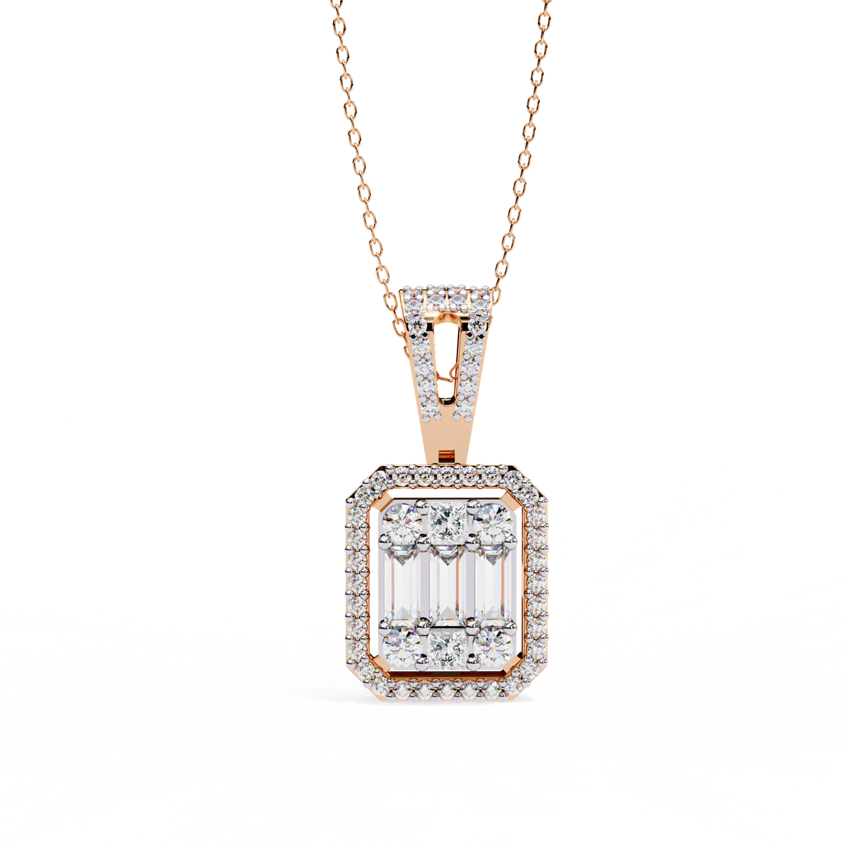 Multi Cut Lab Grown Diamond Cluster Rectangle Halo Pendant Pave Bail - View 6