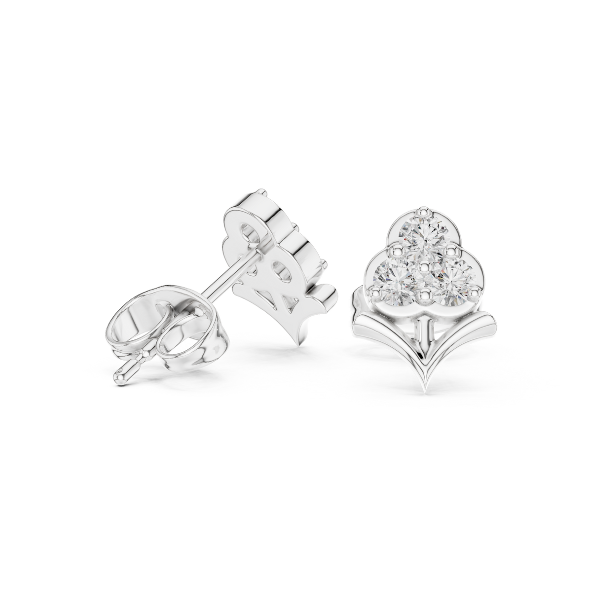 Stem Motif Floral Clover Round Triple Moissanite Diamond Cluster Earring - View 9