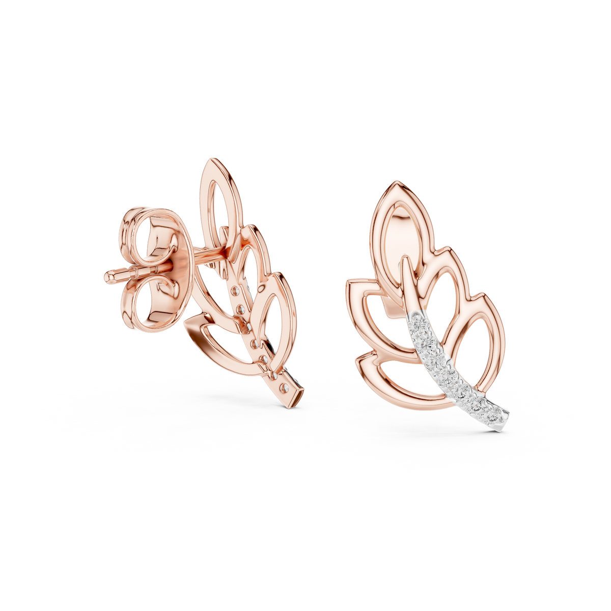 Gold Leaf Stud Earrings with Round Lab Diamond Accented Curve Nature Inspired - View 8