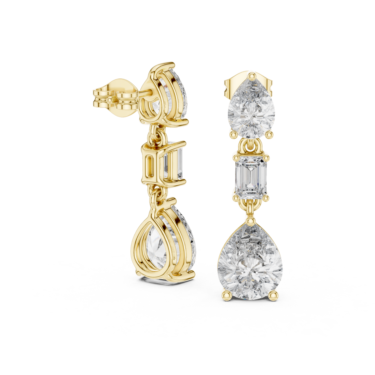 Three Stone Pear & Emerald Cut Lab Diamond Drop Stud Earrings with Vertical Design - View 10