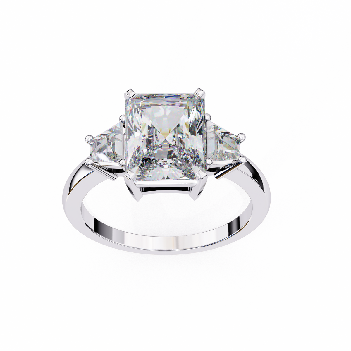 Diamond ring with a central princess-cut diamond and smaller diamonds on the sides 