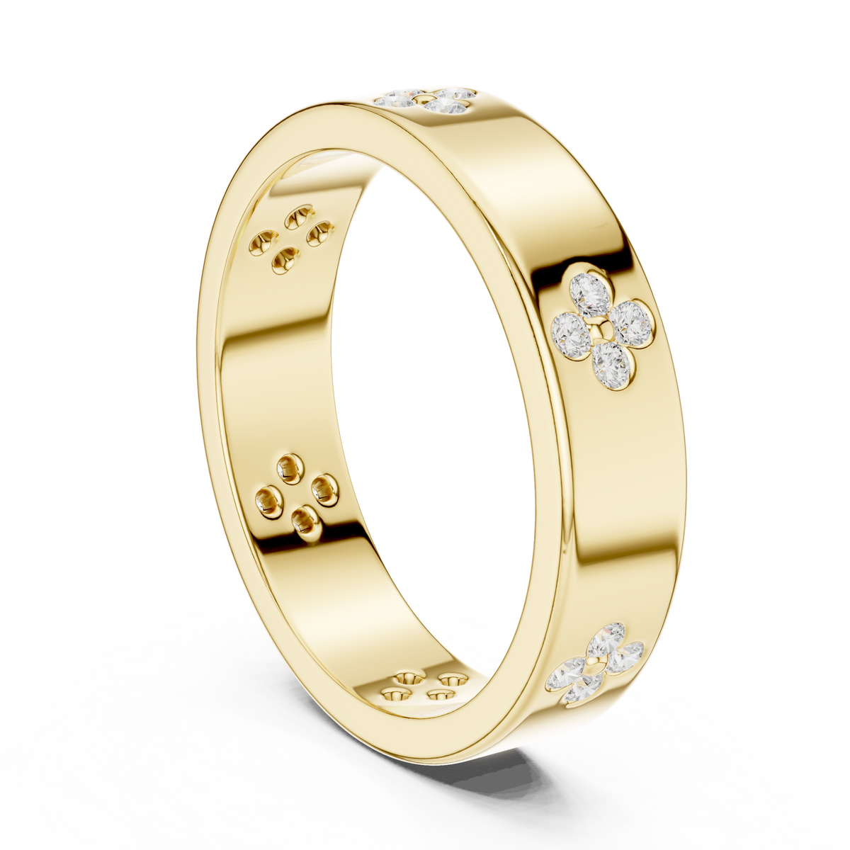 Round Cut Moissanite Diamond Men's Four Leaf Clover Wedding Band - View 7
